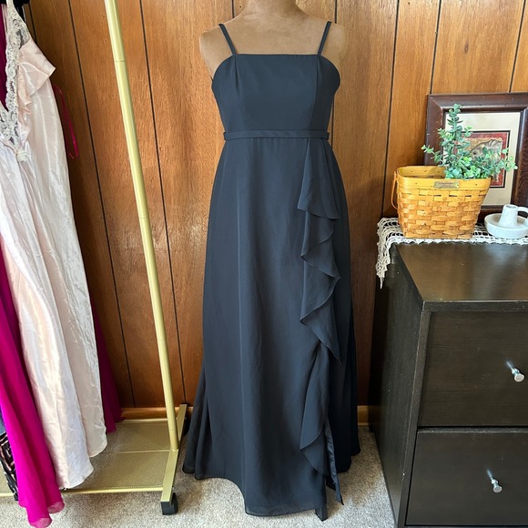 Azazie Juniors Black Spaghetti Strap Ruffle Gown – Size 12 Juniors - Picture 3 of 7